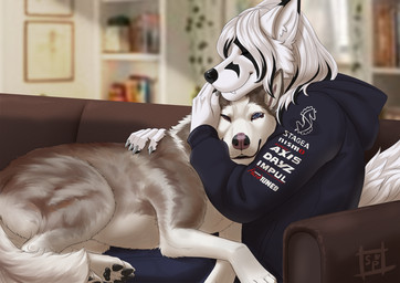 ambiguous_gender anthro biped clothing duo feral fur furniture hair hug long_hair looking_at_viewer pawpads quadruped smile sofa sajophoe canid canine canis domestic_dog mammal