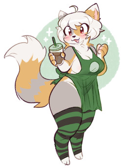 anthro apron areola beverage big_breasts blush breasts clothing container cup dipstick_tail female fur grey_body grey_fur hair holding_beverage holding_container holding_cup holding_object legwear markings orange_body orange_fur pattern_clothing pattern_legwear pattern_thigh_highs pink_areola red_eyes solo striped_clothing striped_legwear striped_thigh_highs stripes tail tail_markings thigh_highs white_body white_fur white_hair pawberry arcanis_(hahaluckyme) calico_cat domestic_cat felid feline felis mammal digital_drawing_(artwork) digital_media_(artwork) hi_res