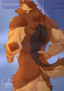 anthro back_muscles biceps big_muscles biped brown_body brown_fur butt eyebrows eyewear eyewear_only fur glasses glasses_only hand_on_side locker locker_room male monocle muscular muscular_anthro muscular_male nude rear_view solo standing tan_body tan_fur wearing_glasses chief_gilbert gilbert_(chief_gilbert) canid canine canis domestic_dog german_shepherd herding_dog mammal pastoral_dog 2022 digital_media_(artwork) hi_res