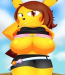 anthro anthrofied areola areola_slip big_breasts bra breasts bulging_breasts cleavage clothed clothing female hair huge_breasts looking_at_viewer low-angle_view pokemorph short_stack smile solo thick_thighs under_boob underwear undressing worm's-eye_view slickehedge nintendo pokemon generation_1_pokemon mammal pikachu pokemon_(species) 2017 hi_res