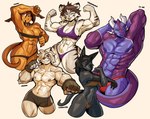 abs anthro big_pecs blep bra breasts brown_body brown_fur brown_hair cleavage clothed clothing eye_scar facial_scar female flexing fur group hair hair_over_eye male muscular muscular_anthro muscular_arms muscular_female muscular_male nipples one_eye_closed one_eye_obstructed pecs pose purple_body purple_scales scales scar stretching striped_body striped_fur stripes tail tongue tongue_out underwear wink ceehaz dog_knight_rpg mythology alyia_(dividebyezer0) mehllow_(character) rory_(ceehaz) sofia_(arbiter1209) wao_(e-zoid) canid canine canis dobermann domestic_dog dragon felid mammal mythological_creature mythological_scalie pantherine pilosan pinscher scalie sloth three-toed_sloth xenarthran 2024 absurd_res hi_res