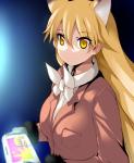 big_breasts blonde_hair bow_(feature) bow_tie breasts clothed clothing controller dipstick_ears ear_markings female game_controller gloves hair handwear holding_object inner_ear_fluff long_hair multicolored_ears nintendo_controller solo suit tuft wii_u_gamepad yellow_eyes tsukasawa_takamatsu kemono_friends nintendo splatoon wii_u ezo_red_fox_(kemono_friends) animal_humanoid canid canid_humanoid canine canine_humanoid cephalopod cephalopod_humanoid fox_humanoid humanoid inkling mammal mammal_humanoid marine marine_humanoid mollusk mollusk_humanoid crossover