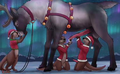 anthro balls bodily_fluids bukkake clothed clothing cum erection female feral fur genital_fluids genitals group handjob male male/female male/male oral penile penis sex tail koba deer mammal mustelid new_world_deer otter reindeer absurd_res digital_media_(artwork) hi_res