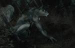 anthro biped black_nose claws detailed_background digitigrade forest fur grass grey_body grey_fur gun kneeling male night nude outside plant ranged_weapon side_view solo tree weapon yellow_eyes colorfulhoovednights axton_cernunno canid canine canis mammal wolf