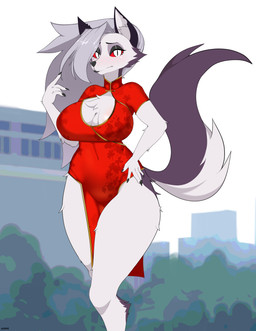 5_fingers anthro asian_clothing big_breasts black_eyeshadow black_nails black_nose breasts chest_tuft chinese_clothing chinese_dress cleavage clothed clothing colored_nails dress ear_piercing ear_ring east_asian_clothing eyebrows eyeshadow female fingers fur grey_body grey_fur grey_hair grey_tail hair inner_ear_fluff legs_together long_hair looking_at_viewer makeup multicolored_body multicolored_fur nails outside piercing red_sclera ring_piercing sharp_nails solo standing tail text thick_thighs tuft two_tone_body two_tone_fur two_tone_tail white_body white_eyes white_fur white_tail ader441 hellaverse helluva_boss loona_(helluva_boss) 2024 artist_name hi_res