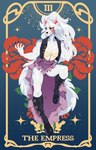 5_fingers anthro biped bottomwear breasts card card_template clothed clothing dress female fingers fortune_telling fur hair heterochromia long_boots major_arcana muscular muscular_anthro scar skirt smile solo tarot tarot_card text the_empress_(tarot) white_body white_fur white_hair atomicmarshmallow canid canine canis mammal wolf 2023 absurd_res digital_media_(artwork) english_text hi_res