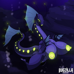 anthro areola big_breasts bioluminescence black_sclera blue_body breasts bubble detailed_background eyeshadow female fin genitals glowing glowing_genitalia glowing_vulva green_eyes green_eyeshadow green_nipples makeup membrane_(anatomy) multi_eye nipples rock solo swimming tail underwater vulva water webbed_hands wide_hips bugzilla aquatic fish kaiju 1:1 absurd_res hi_res