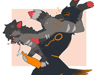 after_oral anthro balls beak big_penis bird_penis black_body black_fur bodily_fluids butt cheek_tuft cum cum_in_mouth cum_inside duo ear_piercing erection facial_piercing facial_tuft forked_tongue fur genital_fluids genitals grey_body grey_fur half-closed_eyes holding_up_other_character internal intersex intersex/male long_tongue looking_pleasured male markings narrowed_eyes nude open_beak open_mouth orange_markings orange_penis pawpads penis penis_grab piercing red_nose red_pawpads red_tongue simple_background tail talking_to_another talking_to_partner tongue tongue_out tuft wings snepuppy doc_the_raven lazarus_(batmutt) avian bat bird corvid corvus_(genus) hybrid mammal oscine passerine procyonid raccoon raven colored digital_drawing_(artwork) digital_media_(artwork) flat_colors hi_res