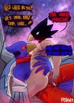 anthro blue_body blue_feathers dialogue duo erection feathers genitals male male/male nipples nude penis simple_background smile space text bastriw my_hero_academia nintendo star_fox falco_lombardi fumikage_tokoyami avian bird canid mammal 2019 digital_media_(artwork) english_text hi_res