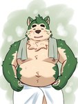 anthro belly big_belly black_nose blush eyes_closed green_body humanoid_hands kemono male moobs nipples overweight overweight_male simple_background solo towel towel_around_neck yaki_atsuage lifewonders live_a_hero mokdai canid canine canis domestic_dog mammal 2023 hi_res