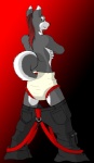 anthro black_bottomwear black_clothing black_pants bondage_pants bottomwear clean_diaper clothed clothing diaper fur gradient_background grey_body grey_fur hair long_hair looking_at_viewer male pants phat_pants red_bottomwear red_clothing red_hair red_pants simple_background solo tail wearing_diaper white_body white_diaper white_fur izzyotter canid canine canis domestic_dog husky mammal nordic_sled_dog spitz digital_media_(artwork)