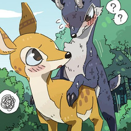 big_eyes blush bodily_fluids cloud confusion day detailed_background duo female feral feral_on_feral from_behind_position hooves male male/female nature nude outside question_mark sex sky speech_bubble sweat utsuki_maito deer mammal 1:1 2015 low_res source_request