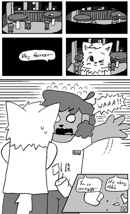anthro blinking bodily_fluids bottomwear chair cloth clothing container cup denim denim_bottomwear denim_clothing dialogue drunk duo first_person_view fur furniture glass glass_container glass_cup grey_body grey_fur jeans looking_at_viewer male name_tag pants shirt shocked speech_bubble substance_intoxication sweat sweatdrop table tank_top text topwear white_body white_fur kory_art normalsville ferris_(normalsville) rocky_(normalsville) bird_dog canid canine canis domestic_dog golden_retriever hunting_dog mammal poodle retriever comic english_text greyscale hi_res monochrome traditional_media_(artwork)