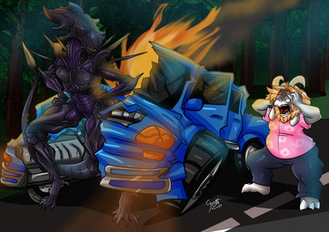 4_arms anthro back_spikes barefoot beard black_body black_exoskeleton blonde_beard blonde_facial_hair blonde_hair bottomwear claws clothing crossed_arms destroyed_vehicle duo exoskeleton eyeless facial_hair feet female fire floppy_ears forest forest_background hair hand_on_head hand_on_hip head_crest horn humor long_tail male multi_arm multi_limb muscular nature nature_background open_mouth pants pink_clothing pink_shirt pink_topwear plant purple_body purple_skin road sharp_teeth shirt shocked spear_tail spiked_tail spikes spikes_(anatomy) tail teeth toe_claws tongue topwear tree truck vehicle wreckage toki_cat alien_(franchise) asgore_running_over_dess deltarune undertale_(series) asgore_dreemurr alien boss_monster_(undertale) monster xenomorph xenomorph_queen crossover hi_res