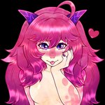 ahoge anthro bangs blue_eyes blush breasts claws eyebrow_through_hair eyebrows eyelashes featureless_breasts female finger_claws hair hand_on_own_face heart_symbol horn long_hair looking_at_viewer multicolored_eyes non-mammal_breasts pink_body pink_hair pink_scales pink_tongue purple_eyes scales simple_background small_breasts solo tan_body tan_scales tongue tongue_out translucent translucent_hair transparent_background two_tone_eyes onomari roseanne_shard kobold scalie 1:1 2024 alpha_channel bust_portrait digital_media_(artwork) hi_res portrait shaded