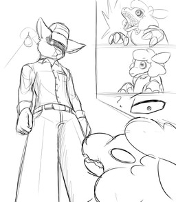 anthro belt big_ears black_sclera clothing duo empty_eyes endoskeleton female flat_chested hair hooves larger_male light_bulb looking_at_another looking_down machine male male/female question_mark scary security security_guard shadow_face sharp_teeth shirt short_hair simple_background simple_eyes size_difference smaller_female spotlight_beam teeth threatening topwear uniform uniformed_male white_eyes wool_hair twtr five_nights_at_freddy's scottgames fan_character jim_the_lamb wolf_(twtr) animatronic bovid canid canine canis caprine humanoid mammal robot sheep wolf absurd_res comic hi_res sketch