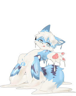 4_fingers after_transformation anthro bangs black_body black_fur black_nose blue_body blue_eyes blue_fur blue_tail body_control body_takeover chastity_bulge chastity_device claws clothing dipstick_tail duo finger_claws fingers fur fur_markings glistening glistening_body glistening_latex goo_drip goo_encasement goo_transformation hair hand_on_crotch kemono kneeling latex latex_clothing latex_skinsuit lock_symbol looking_at_viewer male markings null_bulge pawpads pink_pawpads presenting simple_background skinsuit smile smiling_at_viewer smirk smirking_at_viewer spread_legs spreading tail tail_markings teasing teasing_viewer tight_clothing tongue tongue_out transformation white_background white_body white_fur white_hair white_inner_ear white_tail_tip young young_anthro young_male hanzhi_colef animate_inanimate canid canine canis fox goo_creature living_clothing living_latex mammal hi_res