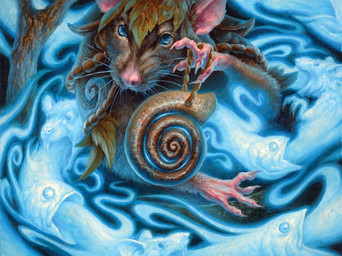 ambiguous_gender anthro blue_eyes blue_magic branch brown_body gastropod_shell holding_shell leaf leaf_hat magic mollusk_shell shell solo spiral filip_burburan hasbro magic:_the_gathering wizards_of_the_coast ambient_fish ambient_sealife mammal murid murine rat rodent 2024 official_art