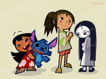 black_hair blue_body blue_fur blue_nose bottomwear brown_hair clothing dress duo female footwear fur group hair long_hair notched_ear red_bottomwear red_clothing red_dress red_shorts sandals shirt shoes shorts smile standing t-shirt tan_body tan_skin topwear voice_actor_joke white_body white_clothing white_shirt white_skin white_t-shirt white_topwear wide_mouth tehnutball disney ghibli lilo_and_stitch spirited_away the_ring chihiro_ogino lilo_pelekai samara_morgan stitch_(lilo_and_stitch) alien experiment_(lilo_and_stitch) human mammal crossover in_memoriam