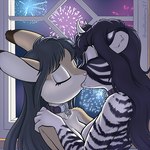 anthro black_hair duo eyes_closed female female/female fireworks hair horn kiss_on_lips kissing leash nude brian_mcpherson azail blueberry_(brian_mcpherson) felid hare lagomorph leporid mammal pantherine tiger 1:1 2023