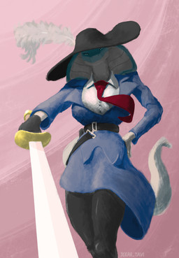 anthro blue_clothing breasts clothing feathers female hat headgear headwear holding_melee_weapon holding_object holding_sword holding_weapon melee_weapon necktie non-mammal_breasts pink_background red_necktie simple_background snake_hood solo sword tail text weapon kar_tavi alaska_(pavlentine) reptile scalie snake artist_name hi_res
