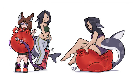 air_inflation areola ball before_and_after bottomwear breasts brown_hair butt clothing duo exercise_ball eyewear female footwear glasses hair handle hose hose_inflation humanoid_to_inanimate inanimate_transformation inflatable inflation looking_down pants red_body red_clothing red_sweater red_topwear shoes sitting sitting_on_ball smile spherification standing sweater tail topwear transformation underwear anthromage anna_magenta animal_humanoid animate_inanimate aquatic aquatic_humanoid canid canid_humanoid fish fish_humanoid humanoid living_inflatable mammal mammal_humanoid shark_humanoid 2025 digital_media_(artwork) hi_res