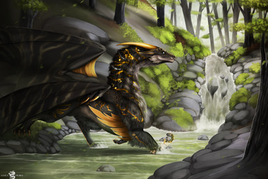 black_body black_fur body_fur cascade claws crystals_on_the_body electricity feet feral forest forest_background fur furry_tail hindpaw horn lightning male membrane_(anatomy) membranous_wings multicolored_body multicolored_fur nature nature_background paws plant quadruped river tail toe_claws tree wings yellow_body yellow_fur ashesdrawn mythology stormbreak aquatic dragon fish furred_dragon furred_scalie mythological_creature mythological_scalie scalie 2025 absurd_res hi_res