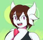 big_breasts breasts brown_hair cleavage clothed clothing female green_background hair happy looking_at_viewer not_furry open_mouth pixie_cut purple_eyes shirt simple_background solo tank_top tomboy topwear kordcross nintendo pokemon gardevoir generation_3_pokemon humanoid pokemon_(species) 2020 bust_portrait hi_res portrait unavailable_at_source