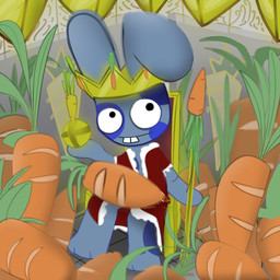 anthro blue_body blue_fur blue_spots carrot chair clothing crown food fur furniture gold_(metal) gold_jewelry headgear jewelry king male on_chair plant red_clothing red_robe robe royalty sitting sitting_on_chair smile solo spots throne toony vegetable 404uchuu lagomorph leporid mammal rabbit 1:1 absurd_res hi_res