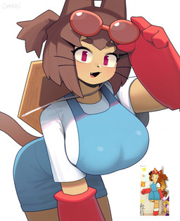 anthro big_breasts biped blue_clothing blush breasts brown_ears brown_hair brown_tail clothed clothed_anthro clothed_female clothing cute_fangs fangs female female_anthro hair huge_breasts looking_at_viewer open_mouth solo standing tail teeth whiskers white_clothing omeki gameoverse glitch_productions kit_bodega domestic_cat felid feline felis mammal 2026 hi_res