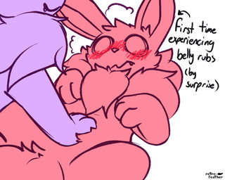 after_transformation ambiguous_gender belly_rub blush blush_lines duo fangs feral flustered lying neck_tuft on_back simple_background teeth tuft nulloffset nintendo pokemon leif_(nulloffset) taro_(nulloffset) eevee generation_1_pokemon generation_5_pokemon pokemon_(species) zorua hi_res