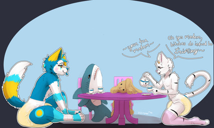 ageplay anthro bodily_fluids chair clothed clothing container cup diaper duo furniture genital_fluids kettle male plate plushie roleplay table tea_cup tea_party tongue tongue_out unclean_diaper urine used_diaper wearing_diaper wet_diaper sonpop canid canine hybrid mammal hi_res