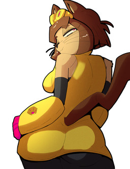 anthro arm_cannon breasts brown_hair butt clothed clothing eyewear eyewear_on_head female goggles goggles_on_head hair leggings legwear red_eyes solo thick_thighs whiskers doylecoati gameoverse glitch_productions kit_bodega domestic_cat felid feline felis mammal 2026 absurd_res digital_media_(artwork) hi_res