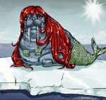 bivalve_shell black_eyes bra clothing female feral grey_body hair iceberg long_hair mollusk_shell red_hair seashell_bra shell solo split_form teeth underwear what what_has_science_done khaiire mammal marine merfolk pinniped walrus