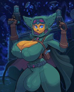 anthro areola_outline balls_outline big_breasts big_bulge biped blue_eyes breasts bulge cape censored_genitalia censored_nipples censored_penis cleavage cleavage_overflow clothed clothing detailed_bulge eyewear genital_outline gloves goggles gun gynomorph handwear huge_breasts huge_bulge intersex looking_at_viewer nipple_outline penis_outline pixelated ranged_weapon solo space spacesuit suit weapon yellow_body yellow_breasts snao ratchet_and_clank sony_corporation sony_interactive_entertainment angela_cross lombax mammal 2025 censored signature