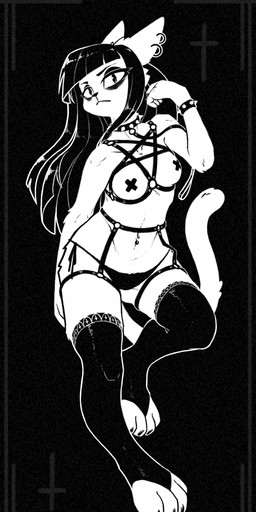 anthro bdsm belt clothing collar cross ear_piercing ear_ring female hair leash legwear long_hair makeup navel navel_piercing pasties paws piercing ring_piercing solo stockings swordbelt underwear dipfanken felid mammal absurd_res black_and_white hi_res monochrome