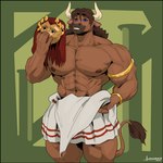 anthro armband big_muscles blue_eyes bracelet brown_body brown_fur brown_hair clothed clothing fur hair horn huge_muscles jewelry male mask muscular muscular_anthro muscular_male navel nipples simple_background smile solo tail tail_tuft teeth toga topless tuft greasymojo european_mythology greek_mythology mythology iason_avarta bovid bovine mammal minotaur 2024 absurd_res hi_res