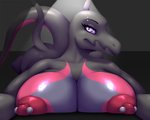 2020 5:4 anthro areola big_breasts blue_body blue_scales breast_rest breast_squish breasts exposed_breasts eyebrow_piercing eyelashes facial_piercing female front_view generation_7_pokemon grey_body grey_scales hi_res howling-strawberries huge_breasts looking_at_viewer lying nintendo nipple_piercing nipples nude on_front piercing pink_areola pink_body pink_nipples pink_scales pokemon pokemon_(species) pupils purple_eyes salazzle scales scalie simple_background slit_pupils snout solo squish