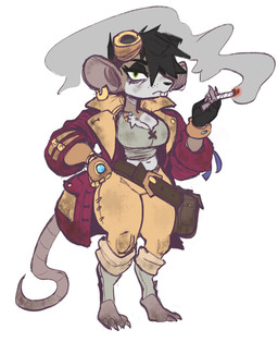 anthro belt big_breasts black_hair black_nose bottomwear breasts buckteeth cigarette cigarette_smoke cleavage clothed clothing coat ear_piercing ear_ring eyebrows eyelashes eyewear eyewear_on_head female freckles frown goggles goggles_on_head green_eyes hair half-closed_eyes looking_at_viewer mechanical_arm midriff narrowed_eyes navel pants piercing pouch_(clothing) ring_piercing shirt short_hair simple_background smoke smoking solo standing teeth topwear white_background gattles giz_nebula mammal murid murine rat rodent 2023 absurd_res hi_res