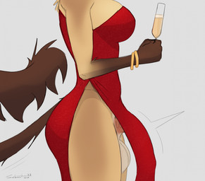 accessory anthro balls big_breasts biped bracelet breasts brown_body brown_fur brown_tail butt clothing dress erection erection_under_clothing erection_under_dress fingers fur genitals grey_background gynomorph intersex jewelry penis side_view simple_background solo standing tail tan_body schmutzo hyena mammal 2025 dated hi_res