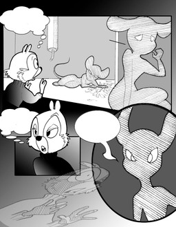 3_toes 4_fingers anthro bottle clothing container curvy_figure duo empty_speech_bubble empty_thought_bubble feet female fingers hourglass_figure lying male on_side shocked speech_bubble sweater toes topwear turtleneck water_bottle chris_fischer disney chip_(disney) chipmunk ground_squirrel mammal mouse murid murine rodent sciurid hi_res monochrome