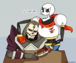 angry armor bone clothing duo food gloves handwear hood not_furry pasta simple_background skeleton spaghetti text brieonabentley runescape undertale undertale_(series) lucien_(runescape) papyrus_(undertale) animated_skeleton humanoid mahjarrat undead 6:5 crossover english_text