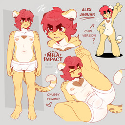 anthro boxer_briefs brown_spots bulge chibi clothing crop_top detailed_bulge ear_piercing eyes_closed femboy freckles fur genital_outline gesture grey_background hair half-closed_eyes hand_gesture heart_(marking) jacket legwear male markings narrowed_eyes one_eye_closed open_mouth open_smile penis_outline piercing red_hair shirt simple_background slightly_chubby slightly_chubby_anthro slightly_chubby_male smile solo spots spotted_body spotted_fur spotted_markings stockings studs text tongue tongue_out topwear underwear v_sign white_body white_fur wink yellow_body yellow_fur mila.moraes alexander_(mila.moraes) felid jaguar mammal pantherine 1:1 digital_media_(artwork) english_text hi_res model_sheet