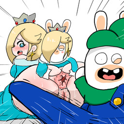 anthro anus backwards_hat bangs big_anus big_butt black_eyes blue_clothing blue_dress blue_eyes blue_overalls blush blushing_profusely bodily_fluids buckteeth butt closed_smile clothed clothed_anthro clothed_female clothed_male clothing crown dress ear_piercing ear_ring erection erection_under_clothing eyelashes female female_anthro female_human fully_clothed fully_clothed_anthro fully_clothed_male fur gem genitals green_clothing green_hat green_headwear green_shirt green_topwear group hair hair_over_eye half-closed_eyes hand_on_own_face hat headgear headwear larger_female larger_human light long_hair looking_at_viewer looking_back male male_anthro mitten_hands motion_lines mouth_closed multicolored_body narrowed_eyes no_eyebrows noseless open_mouth open_smile overalls partially_clothed_female partially_clothed_human piercing pink_anus pink_tongue presenting presenting_anus princess pupils ring_piercing royalty ruby_(gem) sapphire_(gem) shirt simple_background size_difference smaller_anthro smaller_female smaller_male smile smiling_at_viewer spread_anus spreading standing sweat sweaty_butt sweaty_face tan_body tan_eyelids tan_skin tan_vulva teeth thin_eyebrows tongue topwear trio two_tone_body vulva white_background white_body white_fur white_pupils osirisky mario_bros mario_plus_rabbids_kingdom_battle mario_plus_rabbids_sparks_of_hope nintendo raving_rabbids rayman_(series) super_mario_galaxy ubisoft rabbid_luigi rabbid_rosalina rosalina_(mario) human lagomorph mammal rabbid 1:1 2022 colored crossover digital_drawing_(artwork) digital_media_(artwork) hi_res japanese_description lighting shaded