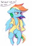 2017 absurd_res alcor90 blush clothed clothing conditional_dnp cutie_mark dialogue english_text equid equine featureless_crotch female feral friendship_is_magic hair hasbro hi_res lying mammal multicolored_hair my_little_pony mythological_creature mythological_equine mythology on_back pegasus rainbow_dash_(mlp) rainbow_hair solo text wings