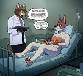 anthro bdsm bed biped black_clothing black_gloves black_handwear body_cast bondage bound breasts brown_body brown_fur brown_hair cast clothed clothed_anthro clothed_female clothing coat dialogue doctor duo duration_play ear_piercing eyewear female full_body_cast fur furniture glasses gloves hair handwear hospital hospital_bed hospital_room inside iv_bag iv_drip iv_line lab_coat medical_gloves multicolored_body multicolored_fur muzzle_(object) muzzled nipples piercing speech_bubble standing tail tan_body tan_fur text topwear two_tone_body two_tone_fur wearing_glasses bigtiddyfox dr._peregrine_sandra canid canine canis cougar dobermann domestic_dog felid feline mammal north_american_cougar pinscher 2026 english_text hi_res