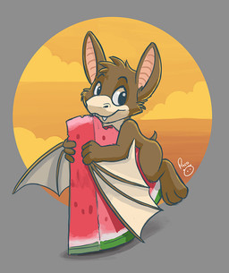 anthro brown_body brown_fur closed_smile fangs food fruit fur glistening glistening_eyes head_tuft logo male melon membrane_(anatomy) membranous_wings mouth_closed nude plant smile solo tan_body tan_fur tan_wings teeth tuft watermelon winged_arms wings young young_anthro young_male pandapaco bat mammal artist_logo signature