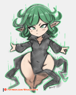 alternate_species black_clothing black_dress black_footwear black_shoes bottom_heavy breasts clothed clothing dress eyelashes female footwear front_view green_eyes green_hair grey_background hair humanoid_pointy_ears looking_at_viewer pointy_ears short_hair shortstack simple_background small_breasts solo tan_body tan_skin thick_thighs wide_hips brachyzoid one-punch_man one_(manga) tatsumaki elf humanoid hi_res