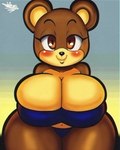 anthro big_breasts blush breasts brown_body brown_eyes brown_fur cleavage clothed clothing eyelashes female fur huge_breasts huge_hips huge_thighs looking_at_viewer solo thick_thighs tight_clothing wide_hips tansau bear mammal 2022 4:5 digital_media_(artwork) hi_res redraw