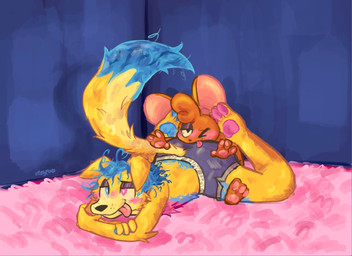 anthro bedroom bedroom_eyes blue_body blue_fur blue_wall brown_body brown_fur butt carpet carpeted_floor clothing duo femboy fur heterochromia inside leg_wrap male male/male narrowed_eyes orange_body orange_fur pawpads paws seductive tongue tongue_out trapped underwear yellow_body yellow_fur pipsy_mouse emby_the_dog pipsy_mouse_(character) canid canine canis domestic_dog mammal mouse murid murine rat rodent hi_res
